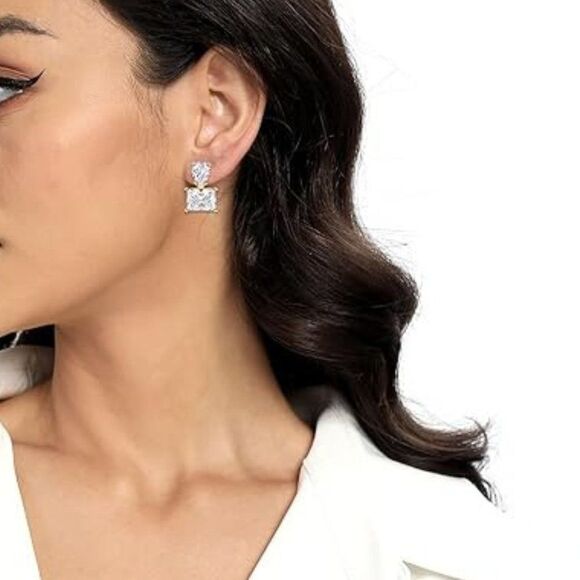 Diamond CZ Square Earrings, Circle Simulated CZ Stud Earrings, Cubic Zirconia - Picture 3 of 4